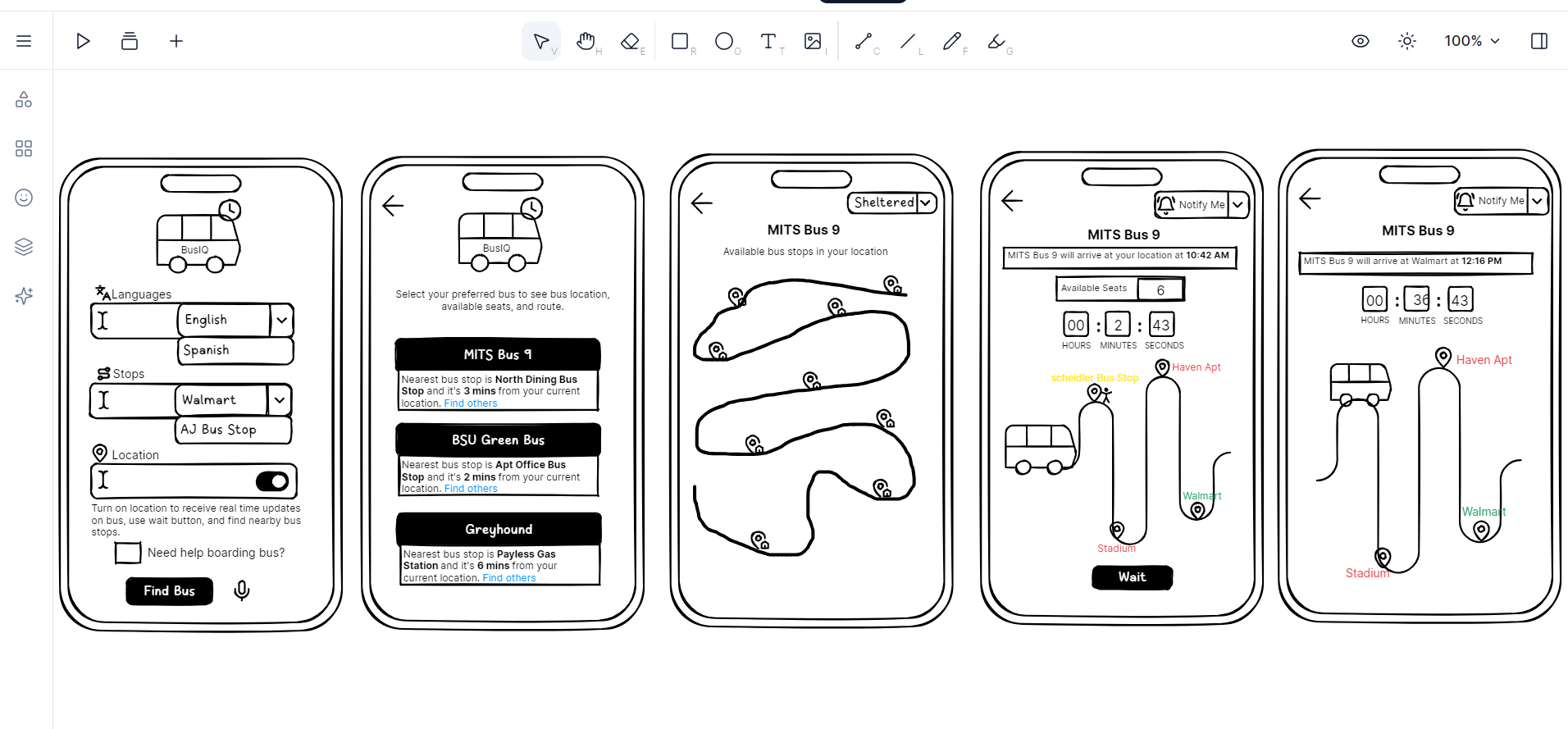Low-fidelity wireframes for BusIQ showing five mobile screens: language and stop selection, bus list, route map, ETA notification, and live tracking
