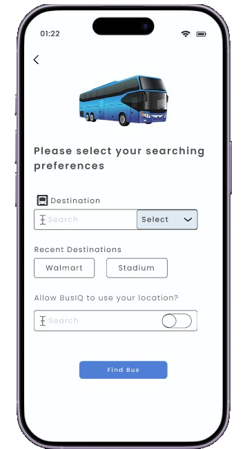 BusIQ destination selector with recent destinations and location toggle