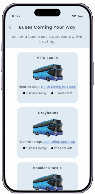 List of incoming buses with nearest stop, time away, and seats remaining