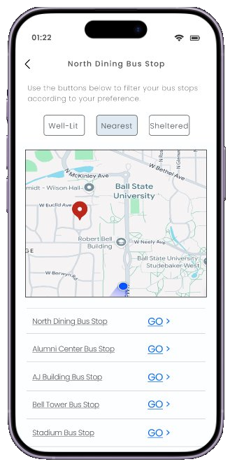 Stop discovery screen with Well-Lit, Nearest, and Sheltered filter chips over a campus map