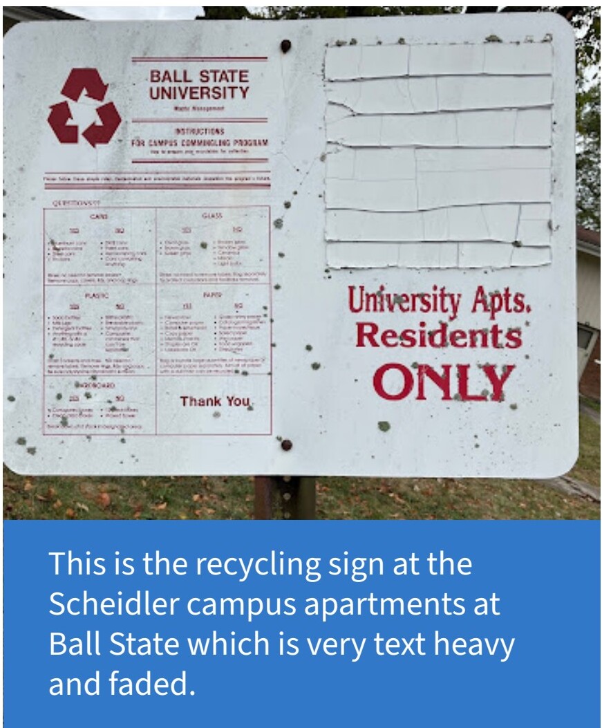 Faded, text-heavy recycling sign at the Scheidler campus apartments — almost unreadable against the wall.