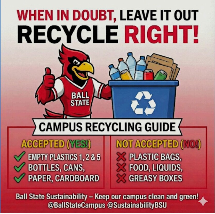 "When in doubt, leave it out — Recycle Right!" wall poster with a Cardinal mascot and a campus recycling guide listing accepted and not-accepted items.